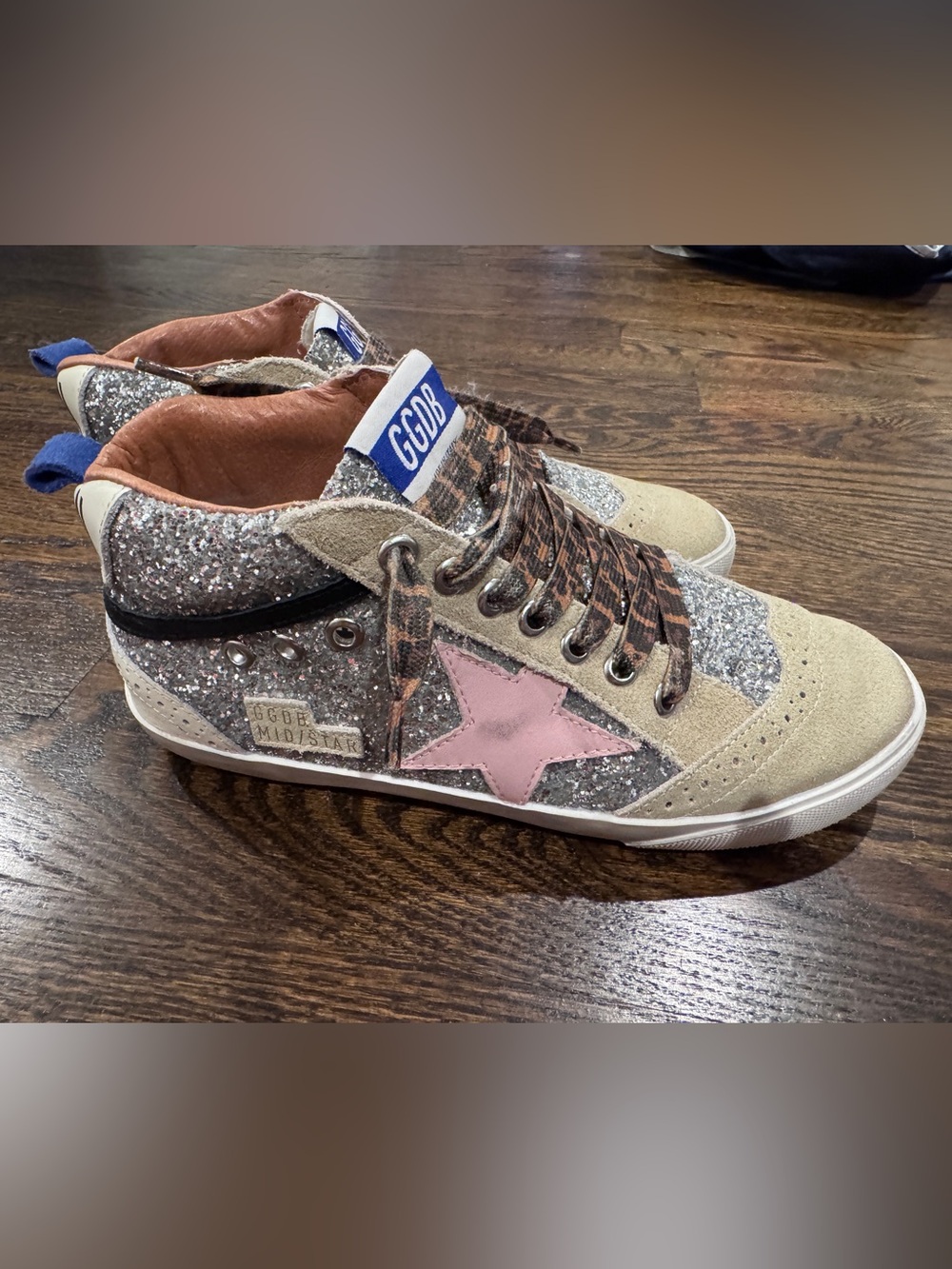 Golden Goose Mid Star Classic Silver Glitter Sneaker Size 38 Suede Toe Pink Star